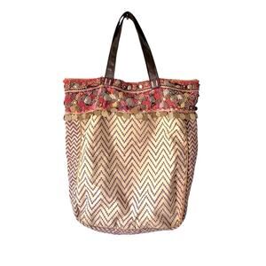 Jasper & Jeera Anthropologie Bohemian Beaded Embellishment Cotton Tote Bag Large
